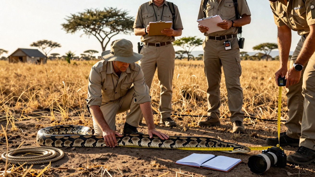 Três investigadores em campo medem uma grande serpente num ambiente seco de savana.