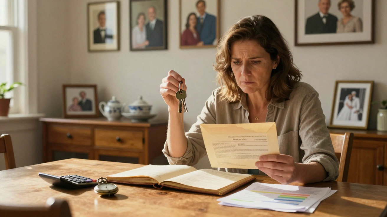 Mulher preocupada lê documento segurando chaves, sentada à mesa com caderno, calculadora e papéis espalhados.