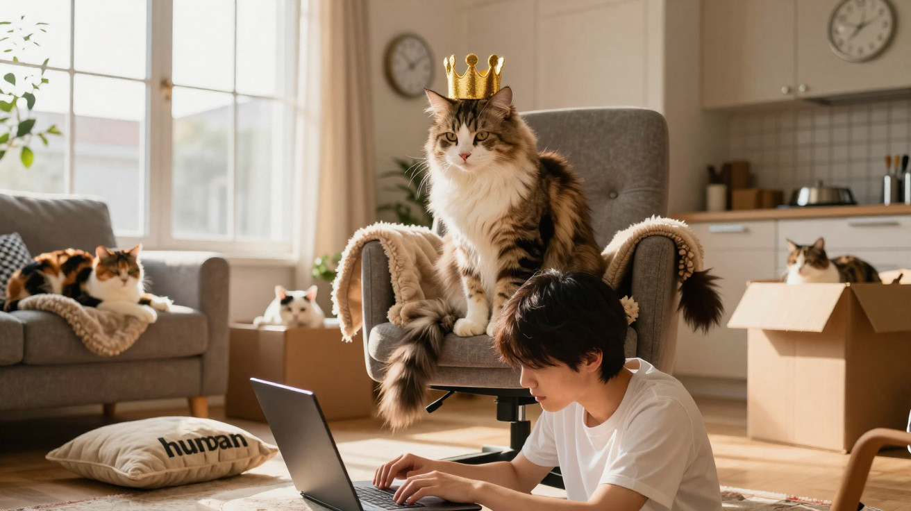 Gato com coroa sentado numa cadeira, pessoa a trabalhar num computador portátil no chão de uma sala iluminada.