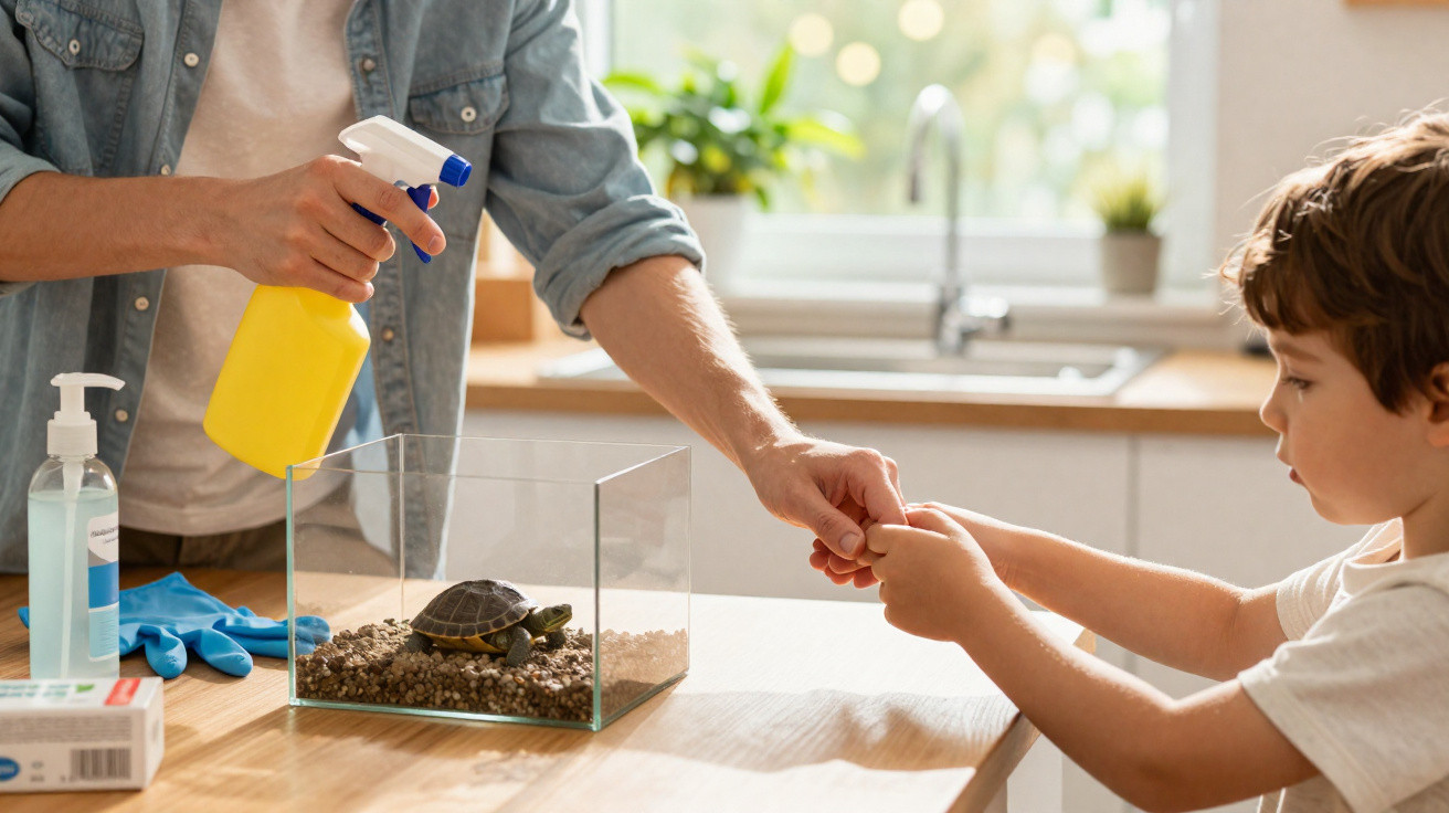 Criança a apontar para uma tartaruga num aquário pequeno numa cozinha, com adulto a limpar com spray amarelo.