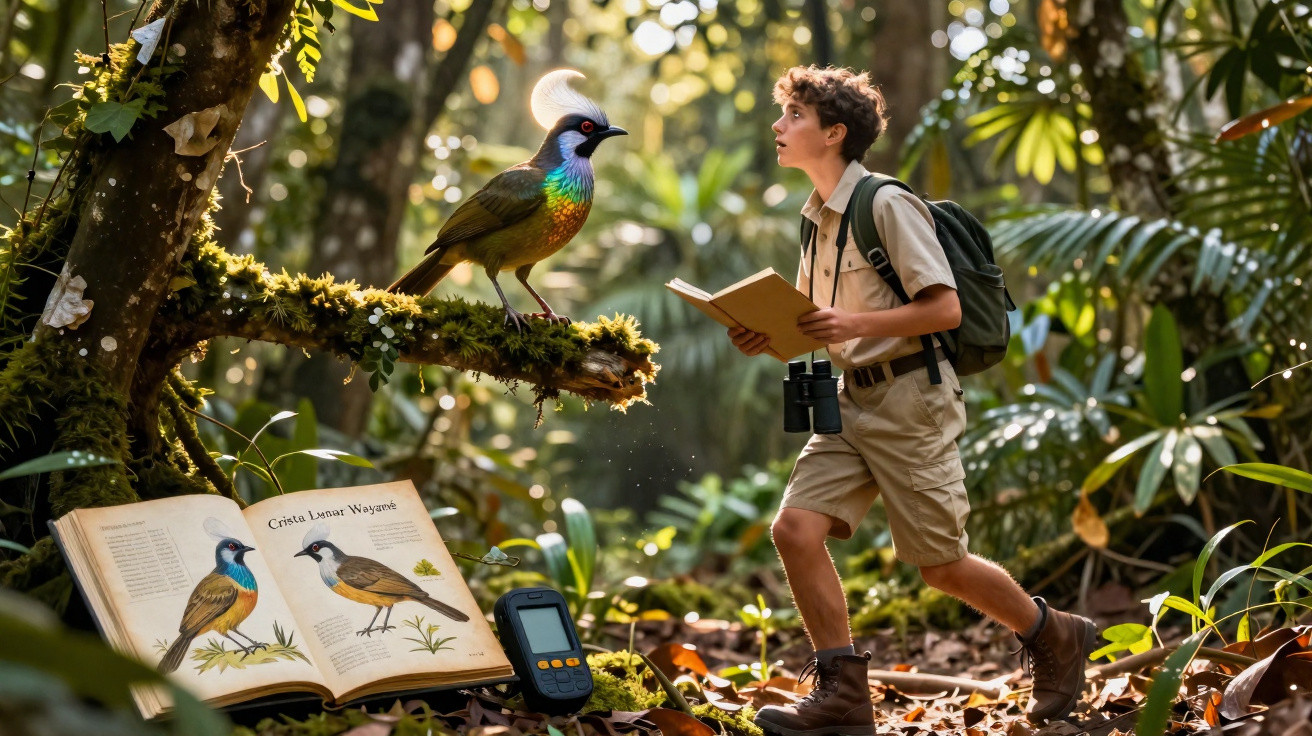 Jovem observador de aves com mochila e binóculos estuda pássaro colorido na floresta com livro aberto.