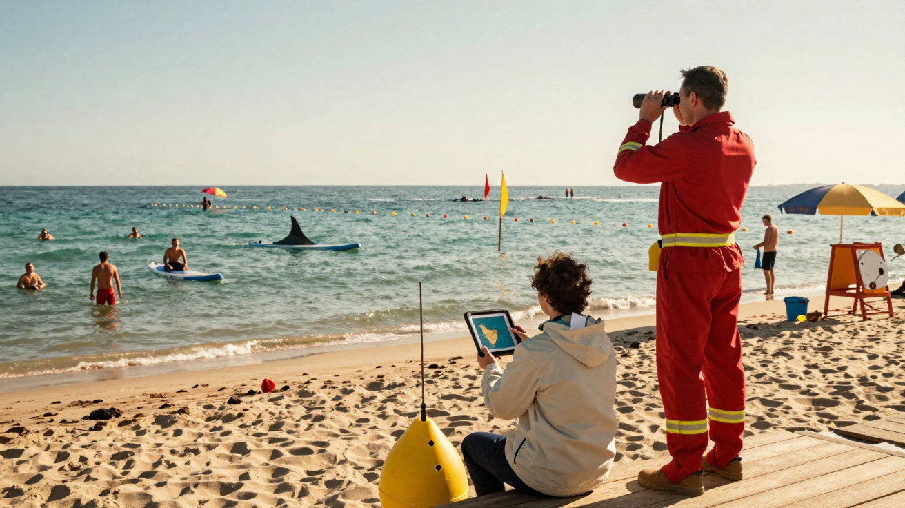 Salva-vidas observa praia com binóculos enquanto outra pessoa usa tablet, várias pessoas na água junto a um objeto preto.