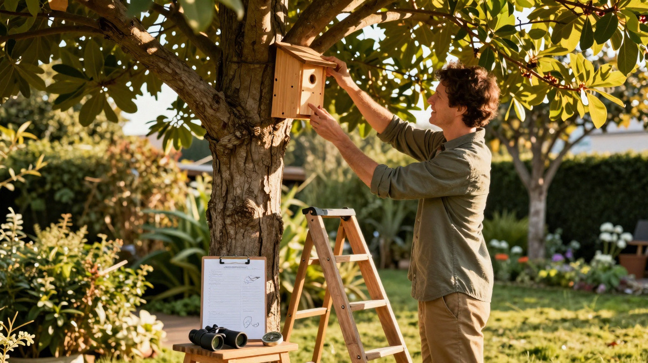 Homem a instalar caixa-ninho num tronco de árvore num jardim com escada e equipamento.