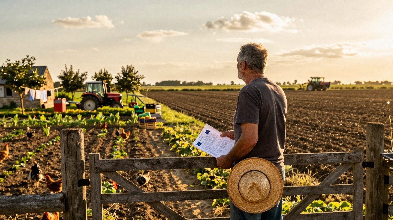 Agricultor com chapéu na mão observa plantações e tratores numa quinta ao entardecer.