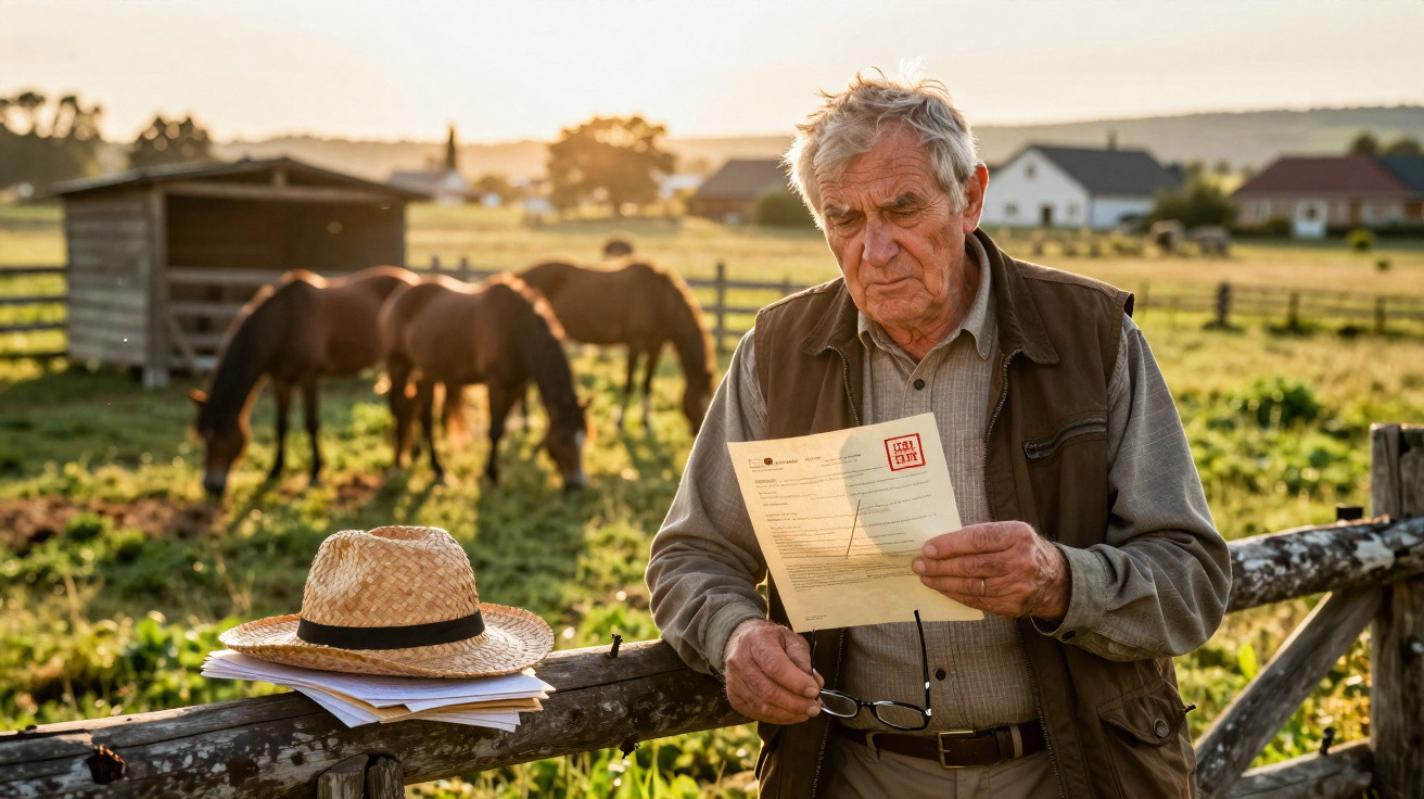 Homem idoso lê carta junto a cerca de madeira numa quinta com cavalos ao fundo ao pôr do sol.