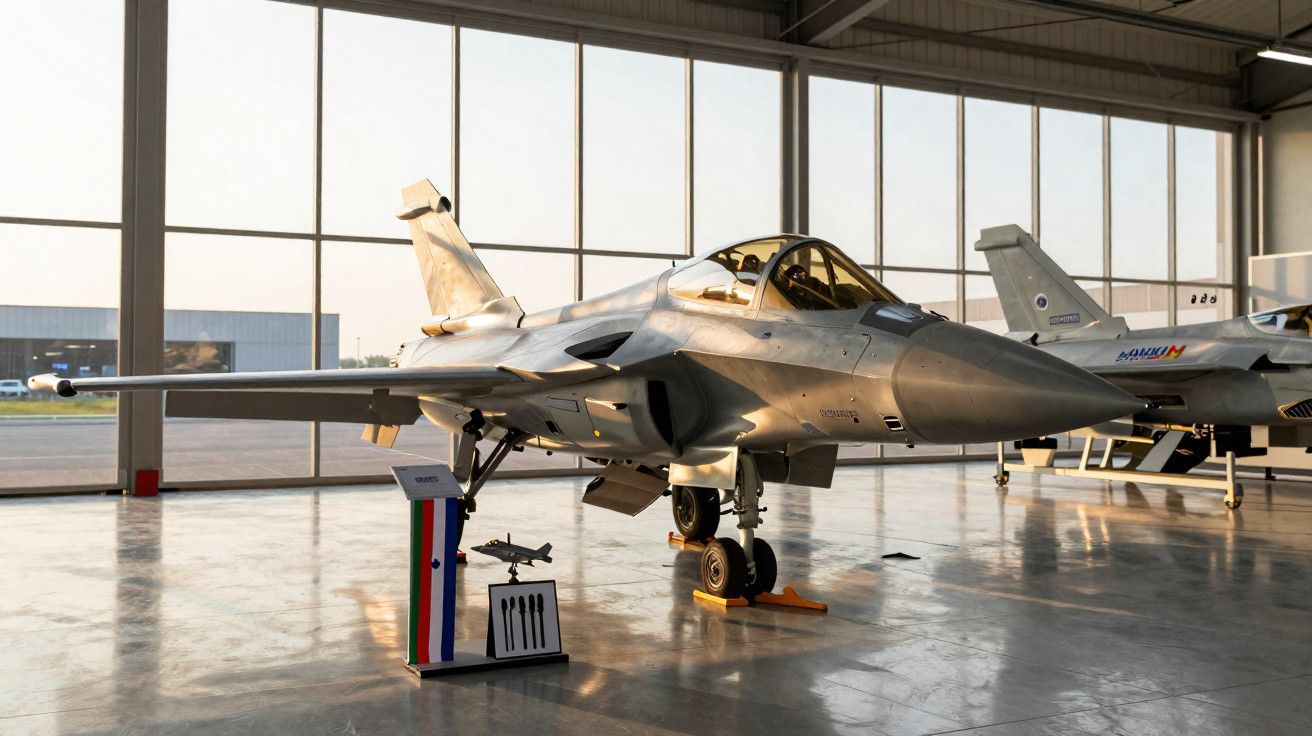 Caça militar cinzento exibido em hangar com miniatura de avião e bandeira da Índia em suporte.