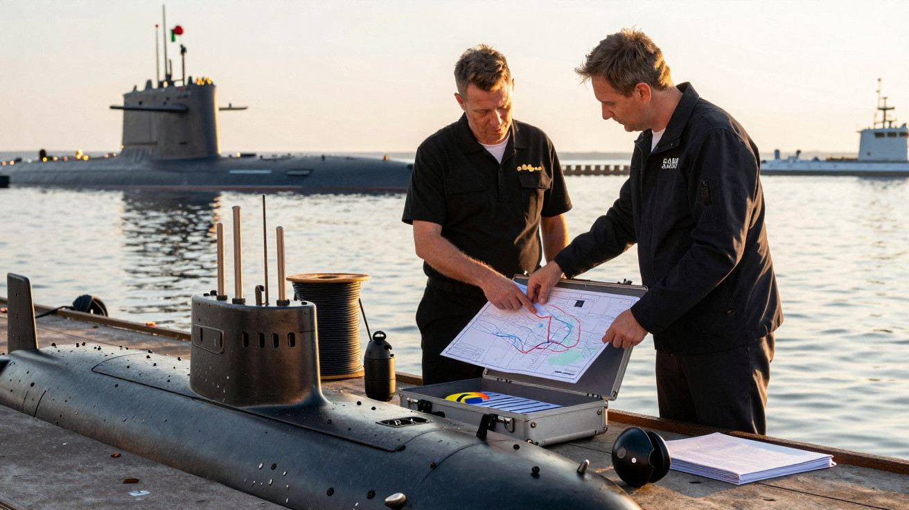Dois homens em uniformes analisam mapas ao lado de um modelo de submarino numa doca, com um submarino real ao fundo.