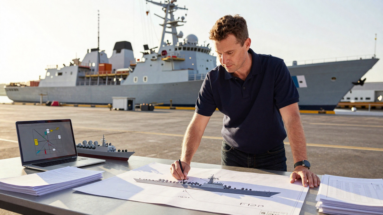 Homem a analisar desenho técnico de navio militar numa mesa ao ar livre, com grande navio ao fundo.