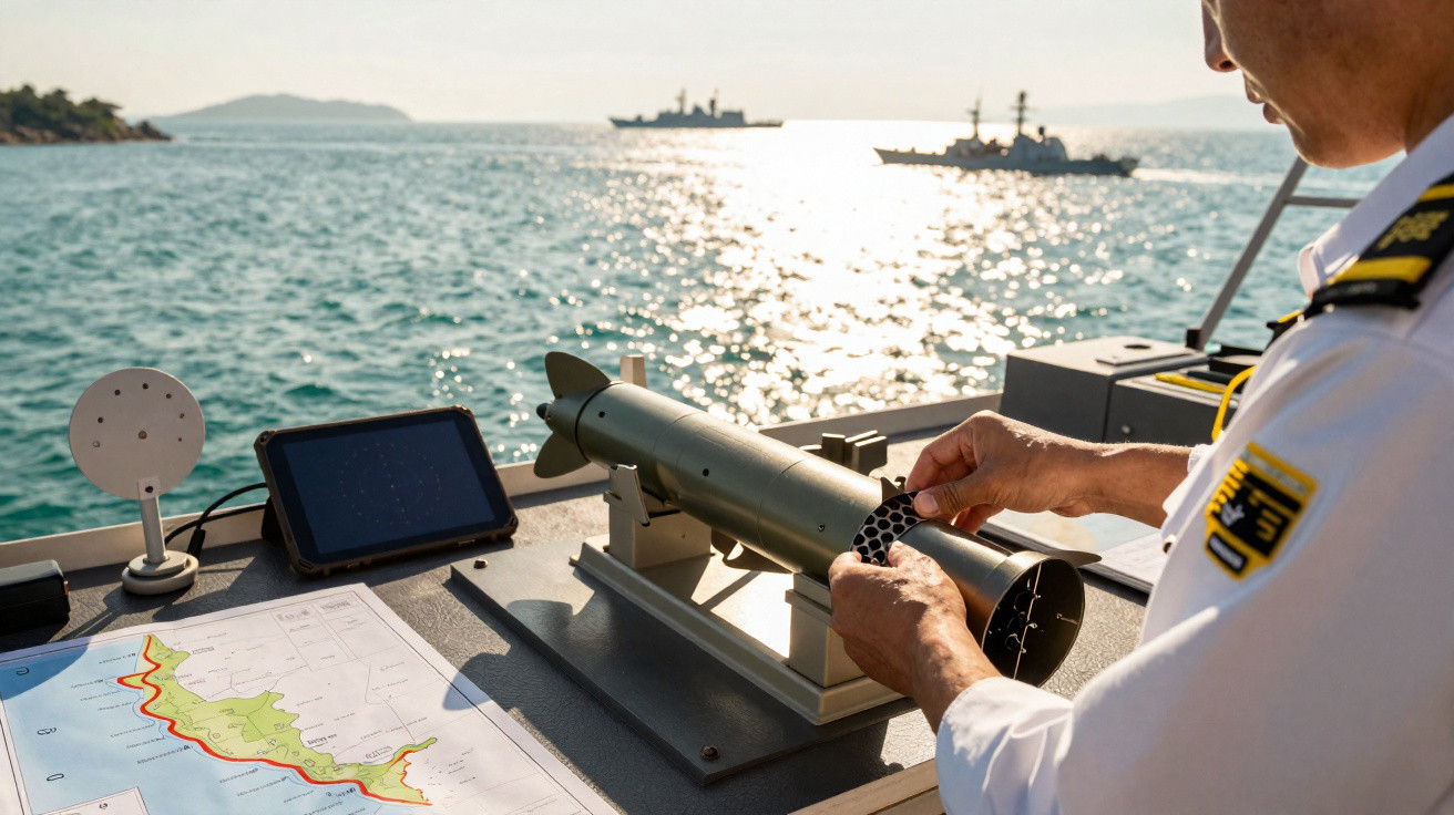 Mãos de uma pessoa manuseiam um torpedo ao lado de um mapa e tablet, com navios de guerra ao fundo no mar.