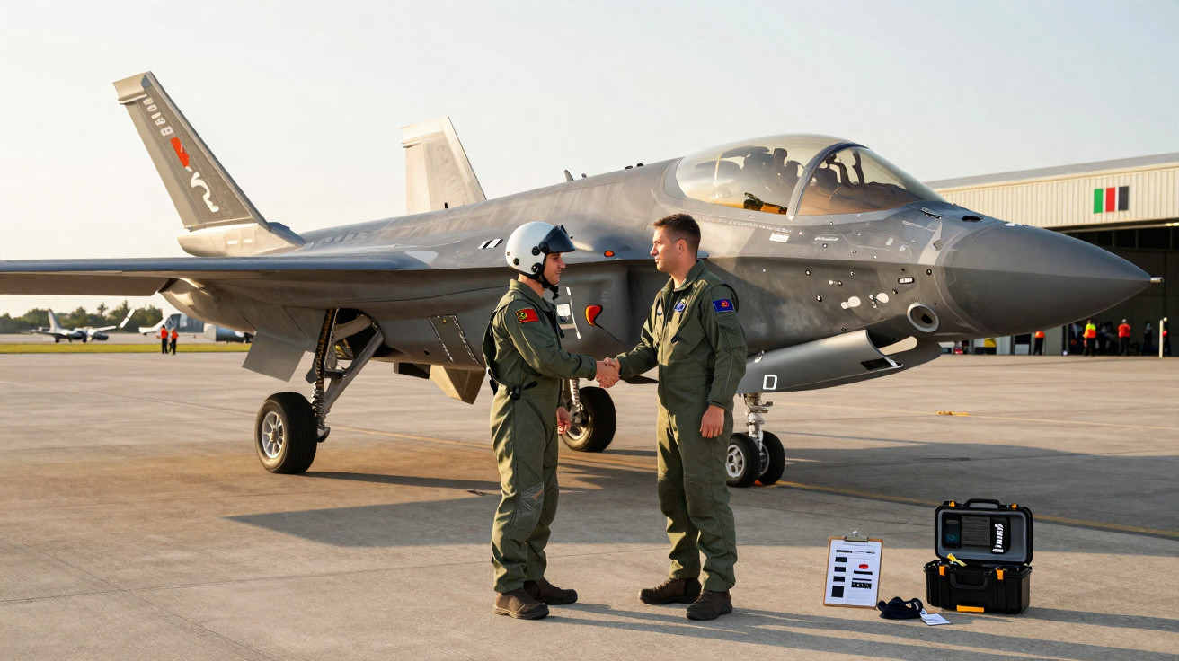 Dois pilotos militares de fatos verdes e capacetes brancos apertam as mãos junto a um caça F-35 no pátio do aeroporto.