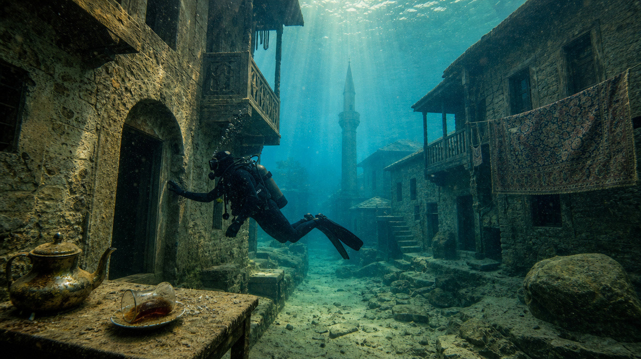 Mergulhador explora cidade submersa com edifícios antigos e minarete em águas claras e iluminadas.