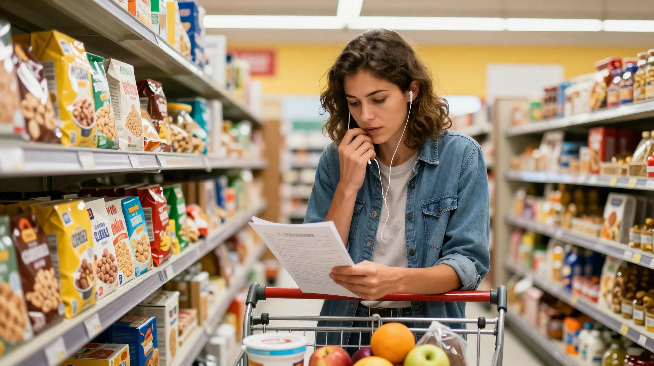 Mulher com auscultadores compra supermercado, lê lista de compras com carrinho cheio de frutas e alimentos.