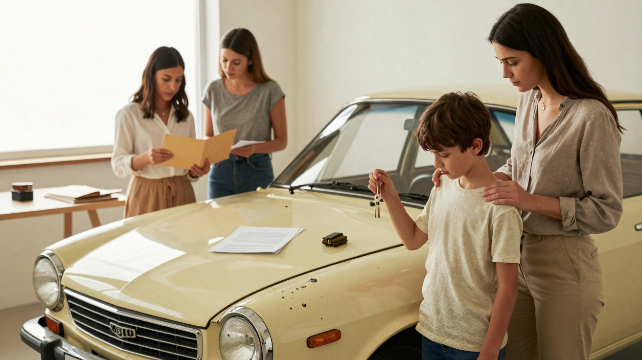Mulher e menino com chaves ao lado de carro antigo, enquanto duas mulheres consultam documentos numa sala iluminada.
