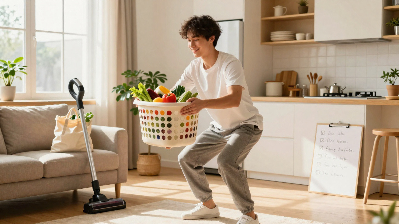 Pessoa jovem a fazer exercício com cesto cheio de legumes em sala de estar ao lado de aspirador.