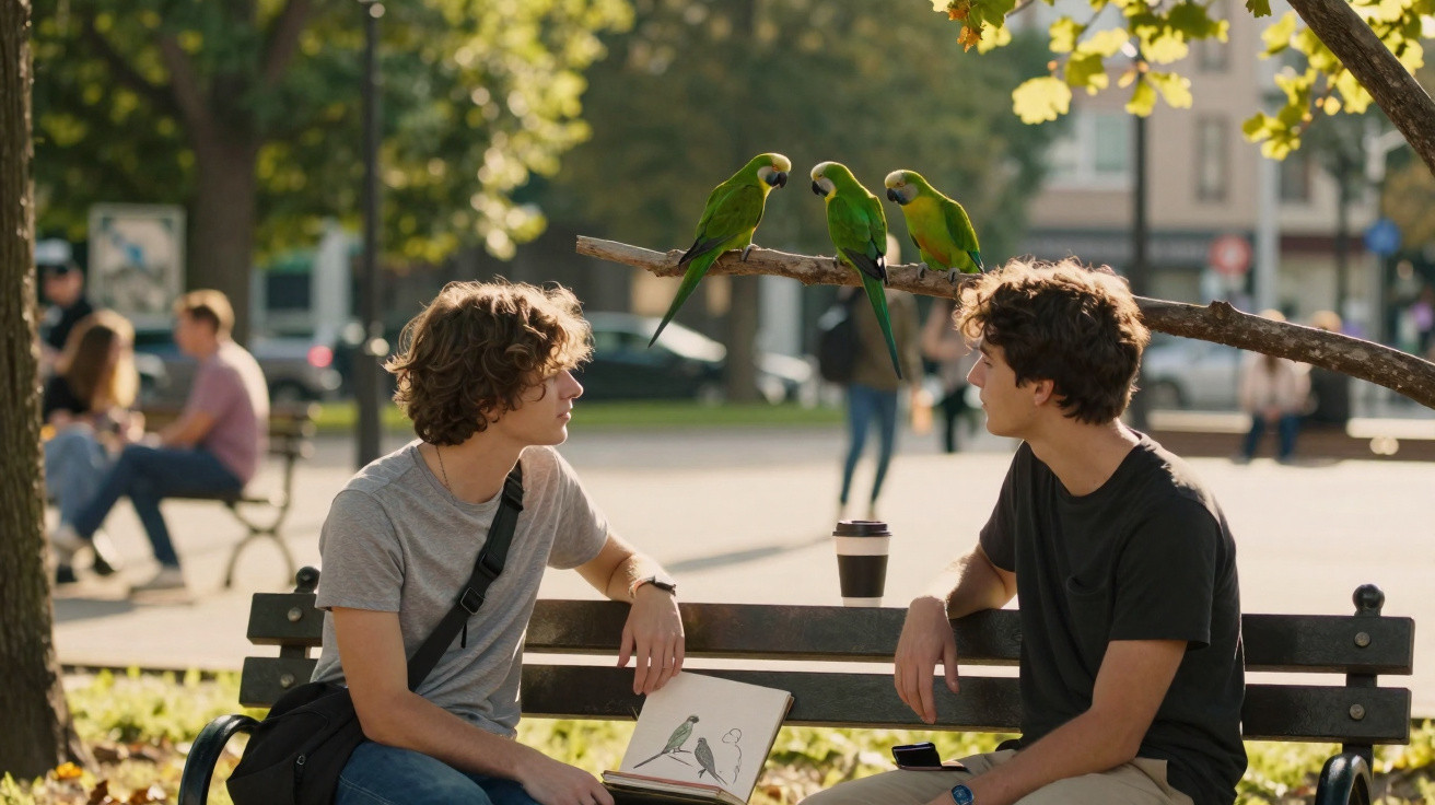 Dois jovens sentados num banco de parque observam três papagaios verdes pousados num ramo próximo.