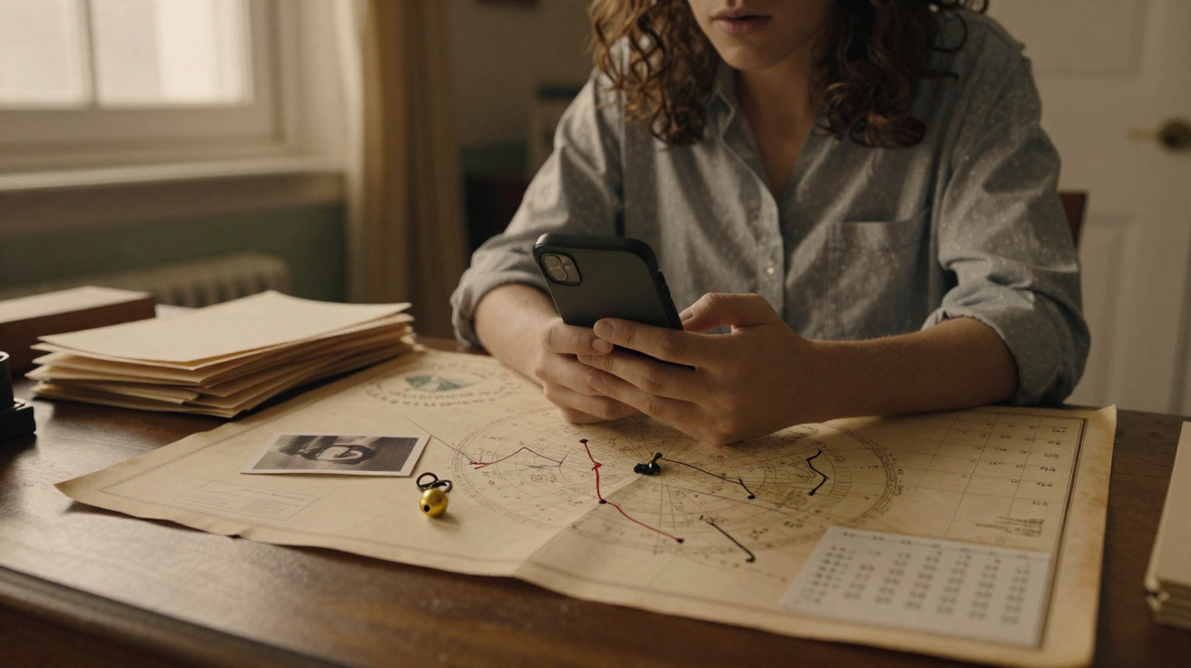 Pessoa com camisa cinza usa telemóvel sentada à mesa com mapa astrológico, clips e pastas de papel.