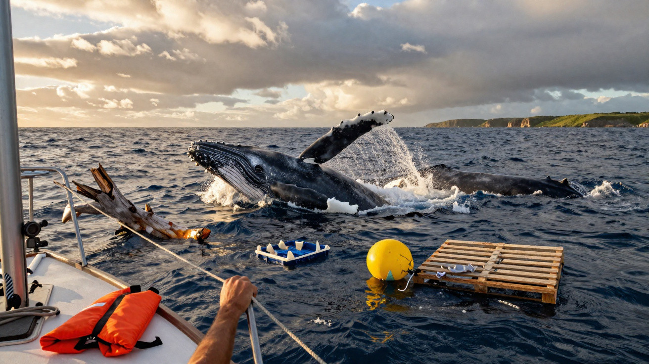 Baleia saltando na água perto de um barco com bóia amarela e palete flutuante ao pôr do sol.