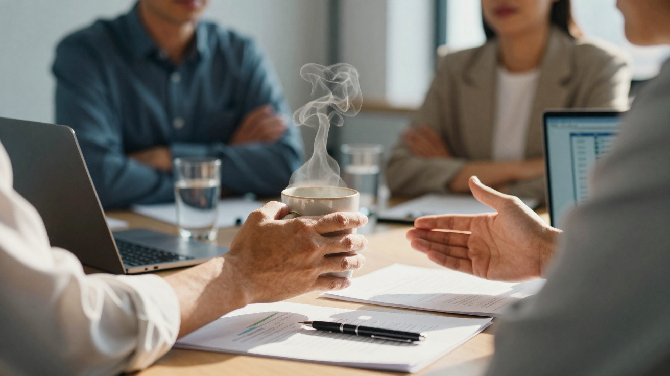 Reunião de trabalho com pessoas a discutir documentos, computadores e uma chávena de café a fumegar na mesa.