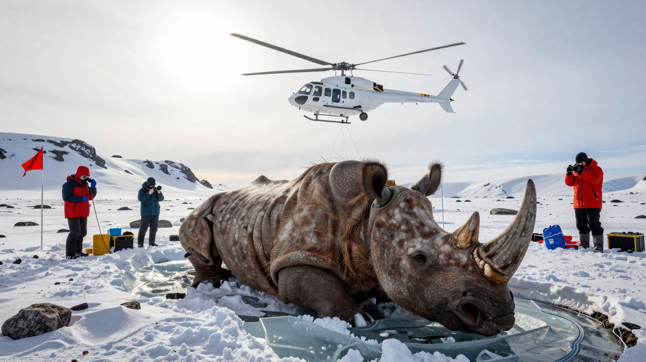 Rinoceronte realista de tamanho gigante em ambiente gelado com helicóptero e pessoas a fotografar.