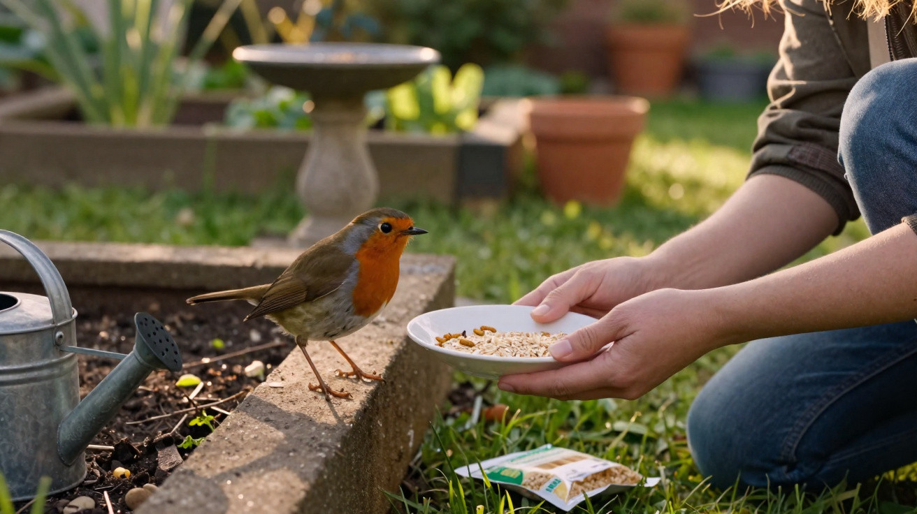 Pessoa de joelhos a oferecer comida a um pequeno robin num jardim com regador e banco de pássaros ao fundo.