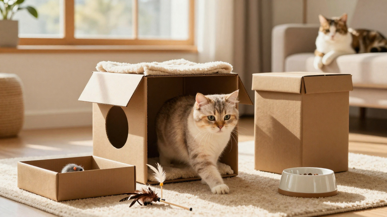 Gato castanho a sair de uma caixa de cartão com brinquedos de gato e comedouro, outro gato no sofá ao fundo.