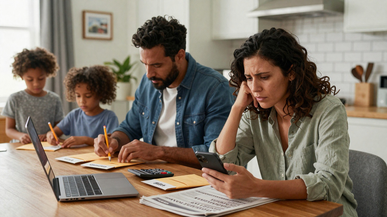 Família preocupada a fazer contas em casa com laptop, telemóvel, envelopes e jornais na mesa da cozinha.