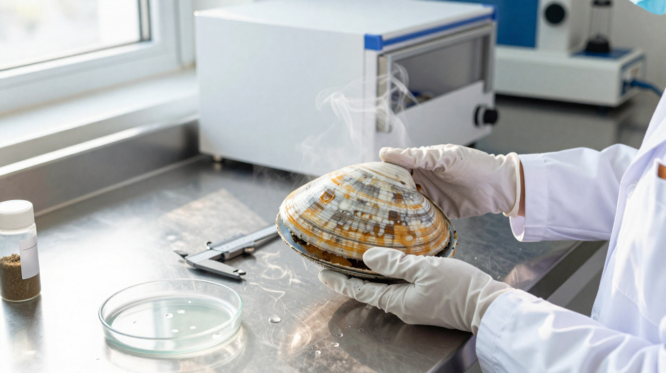Mãos com luvas seguram uma grande amêijoa quente a libertar vapor num laboratório.