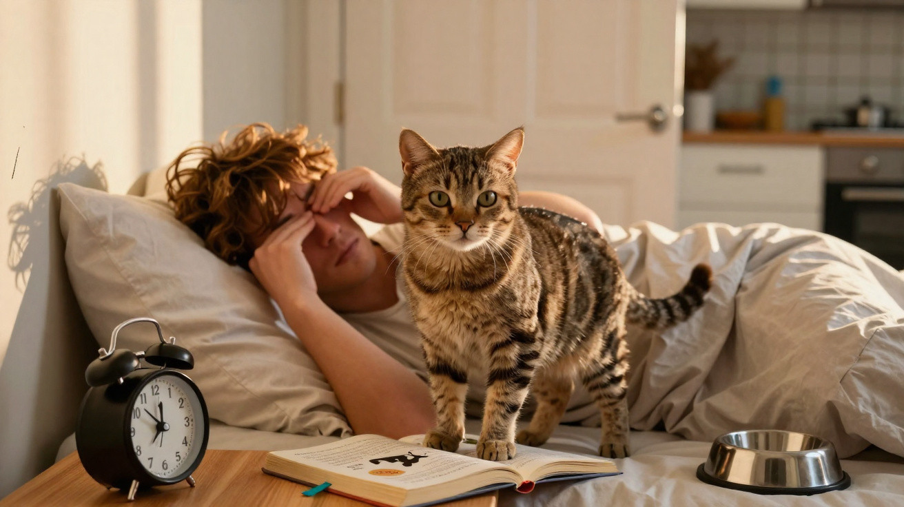 Gato tigrado em cima de livro ao lado de pessoa na cama, despertador e tigela de comida ao lado.