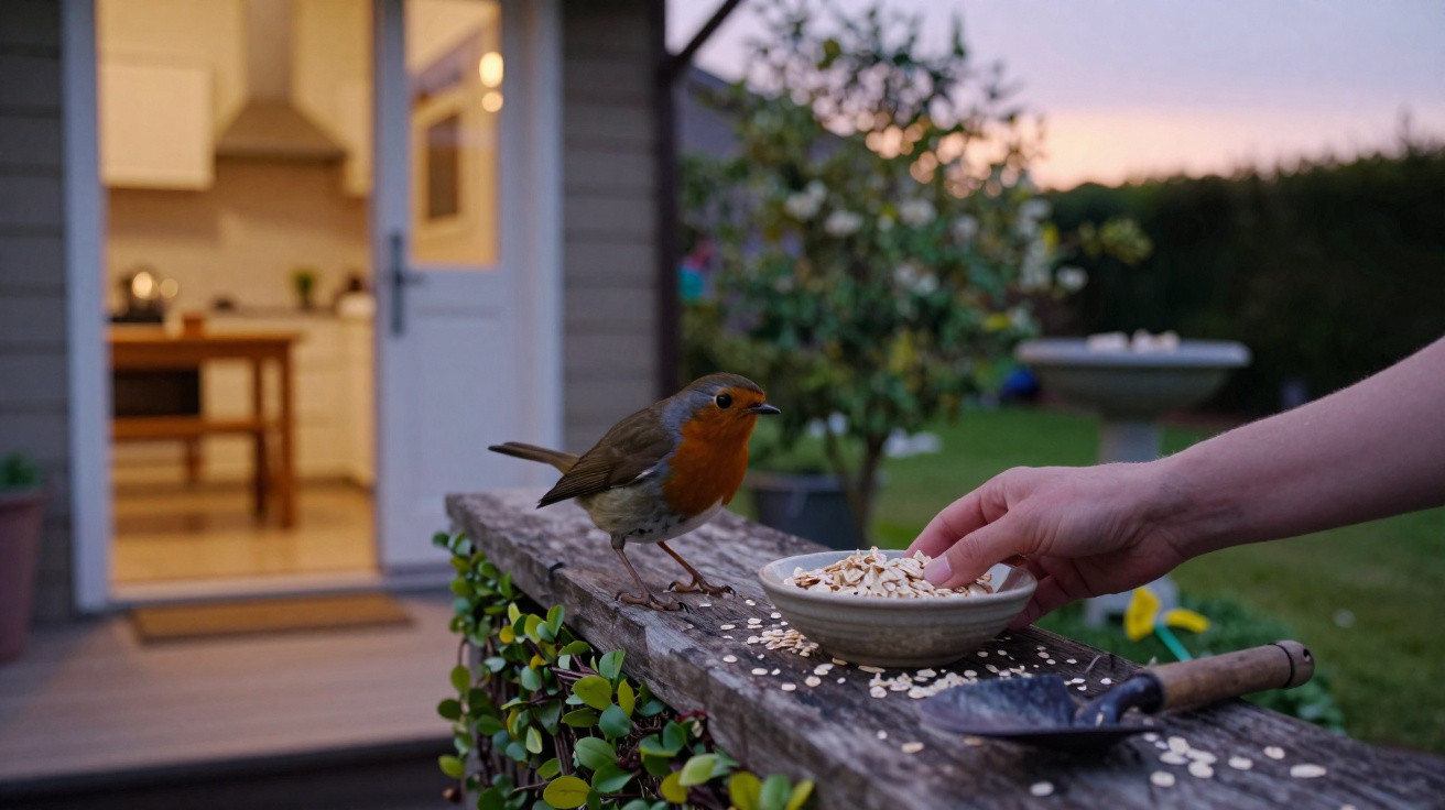 Pássaro curioso numa varanda de madeira, com mão humana a oferecer alimento num prato ao entardecer.