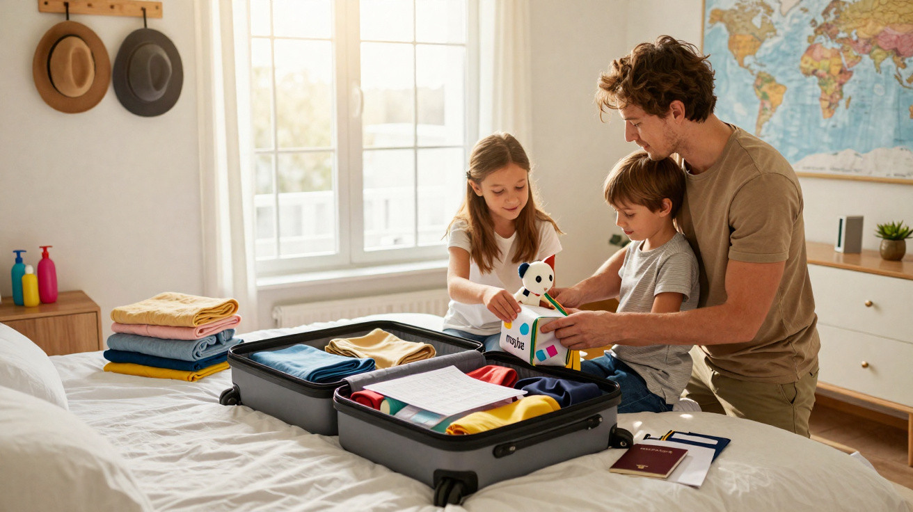 Pai e dois filhos sentados na cama a preparar mala de viagem com roupas e brinquedos.