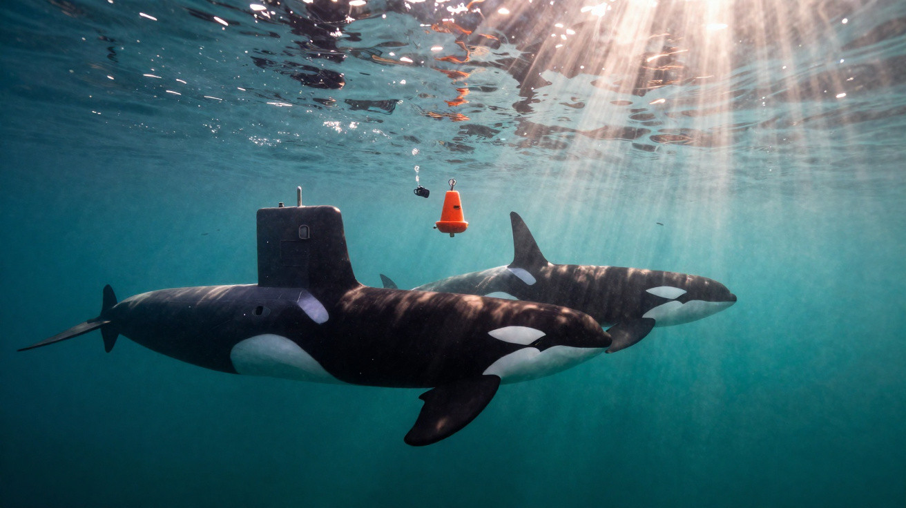 Duas orcas a nadar debaixo de água, uma equipada com dispositivo de rastreamento e bóia a flutuar na superfície.