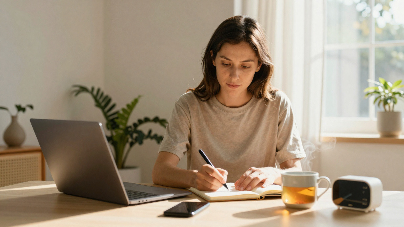 Mulher sentada à mesa a escrever num caderno com computador portátil, chá e relógio na mesa iluminada pelo sol.