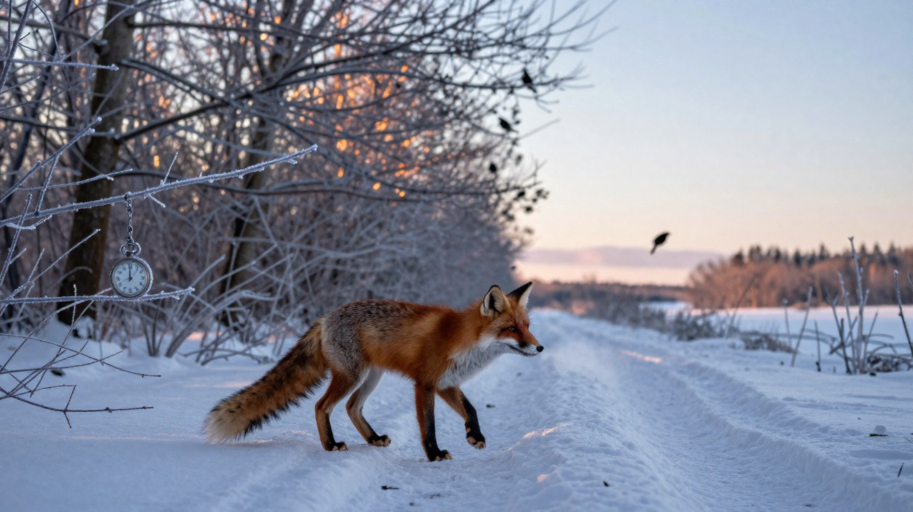 Raposa caminhando na neve ao amanhecer com árvore coberta de gelo e relógio de bolso pendurado.