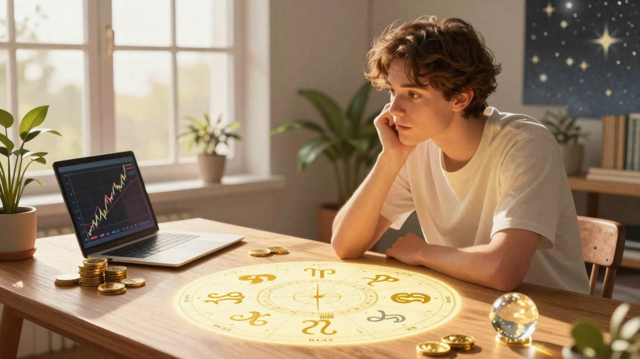 Jovem sentado numa mesa com mapa astral iluminado, gráfico no portátil e moedas douradas espalhadas.