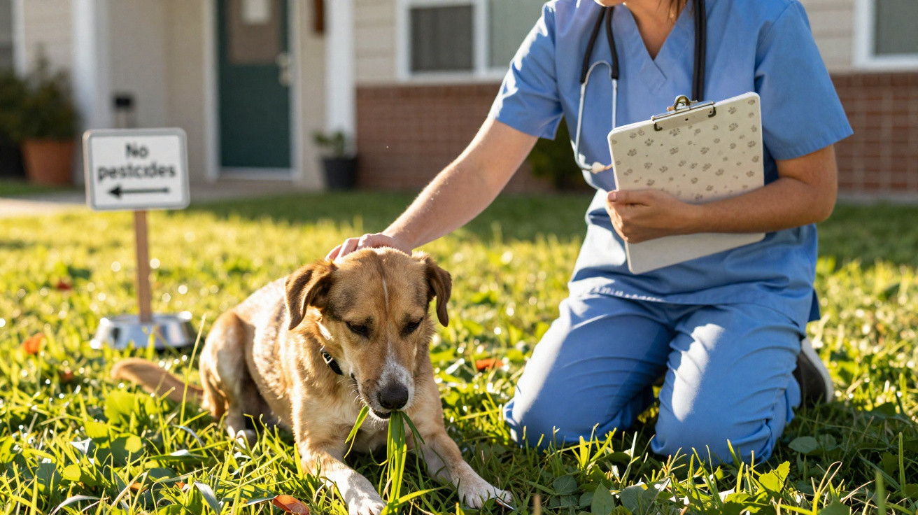Veterinária de azul a acariciar um cão castanho no relvado ao lado de uma placa "No pesticides".