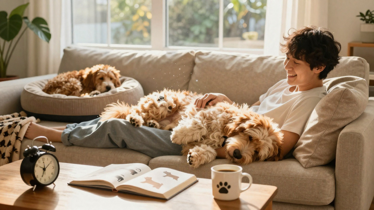 Jovem sentado no sofá com dois cães castanhos peludos, um ao colo e outro numa cama para cães.