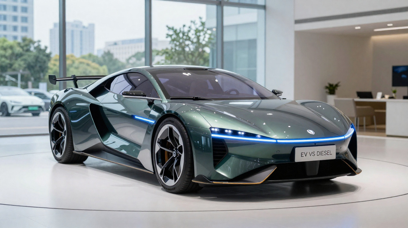 Carro desportivo elétrico verde metálico exposto em salão moderno com luz natural.