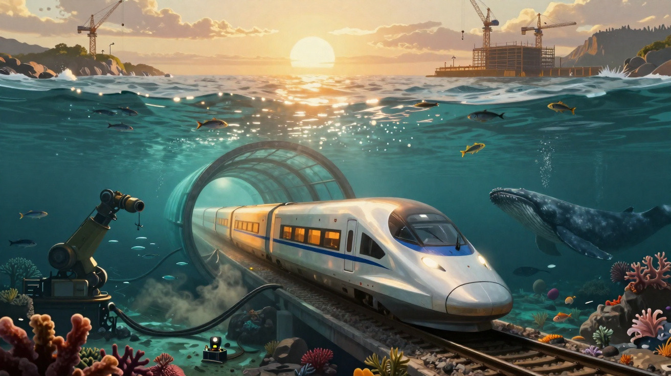 Comboio de alta velocidade a atravessar túnel submarino com vida marinha e construção ao fundo ao pôr do sol.