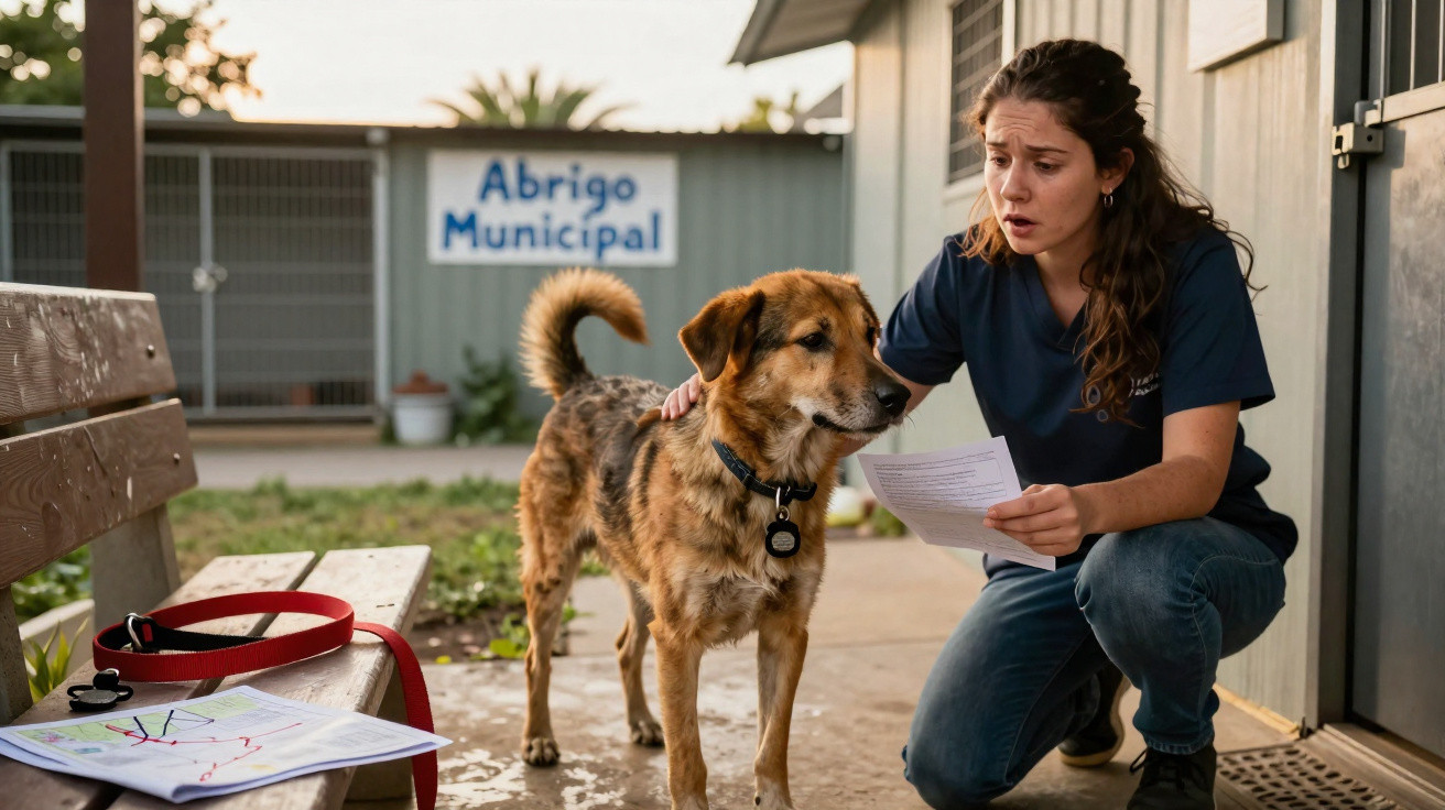 Mulher com uniforme azul ajoelhada ao lado de um cão castanho junto a um abrigo municipal.