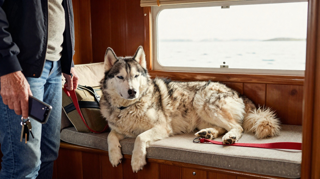 Cão husky deitado num banco junto a uma janela com vista para o mar dentro de uma embarcação.