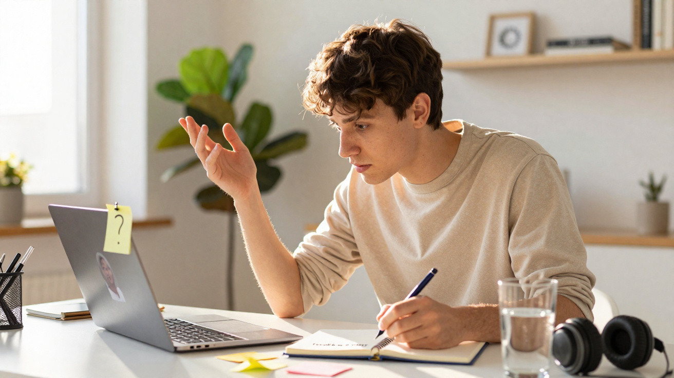 Jovem a trabalhar em frente a um portátil, escrevendo numa agenda e aparentando dúvida.