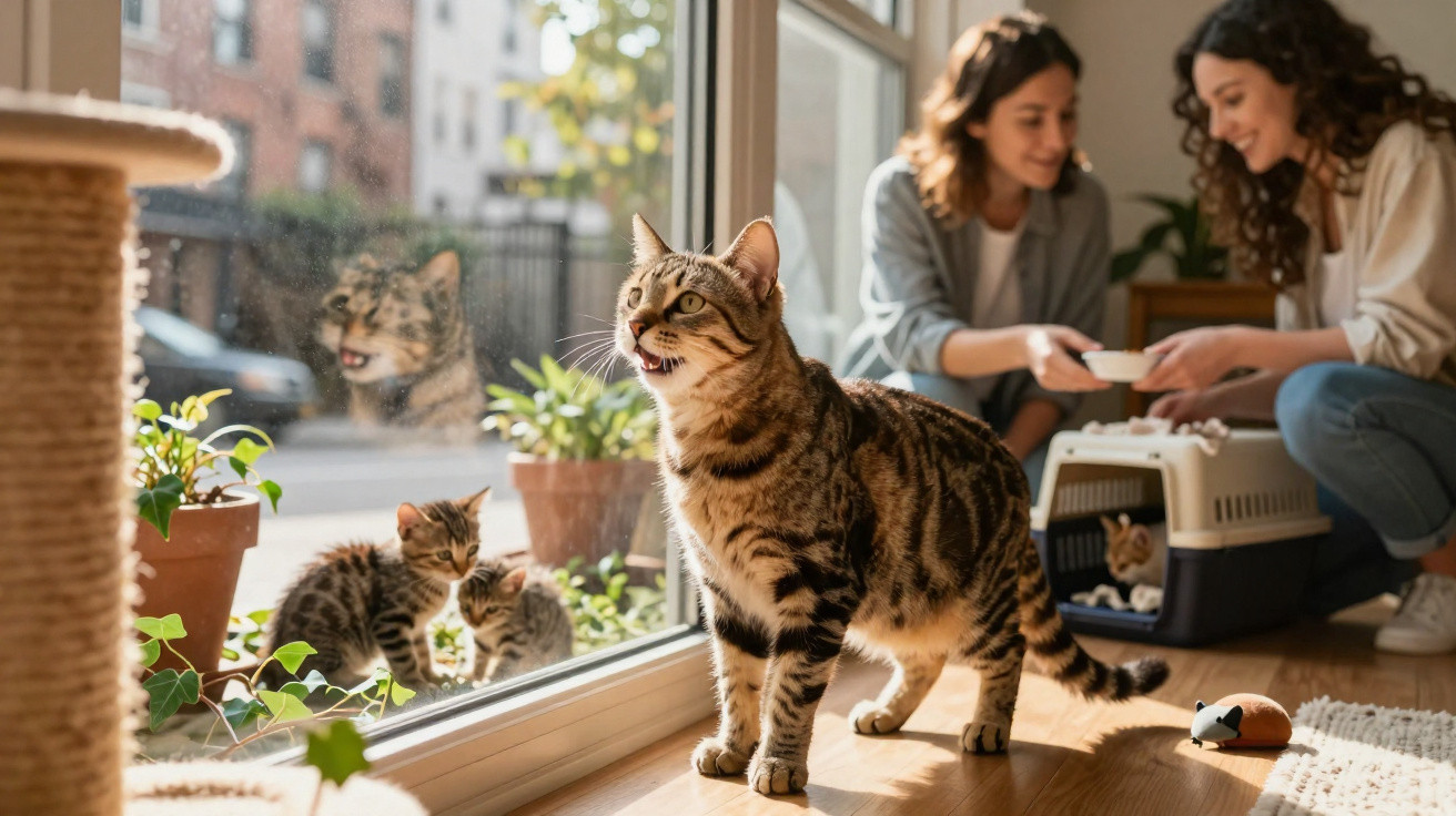 Gato tigrado dentro de casa com dois bebés gatinhos do lado de fora da janela e duas mulheres a interagir.