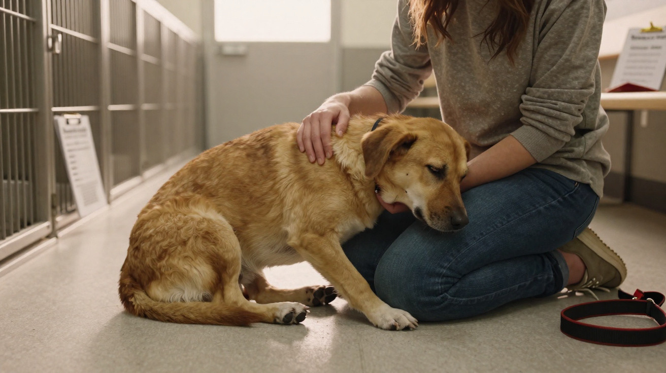 Mulher sentada no chão de abrigo animal a confortar um cão castanho triste junto a uma trela.
