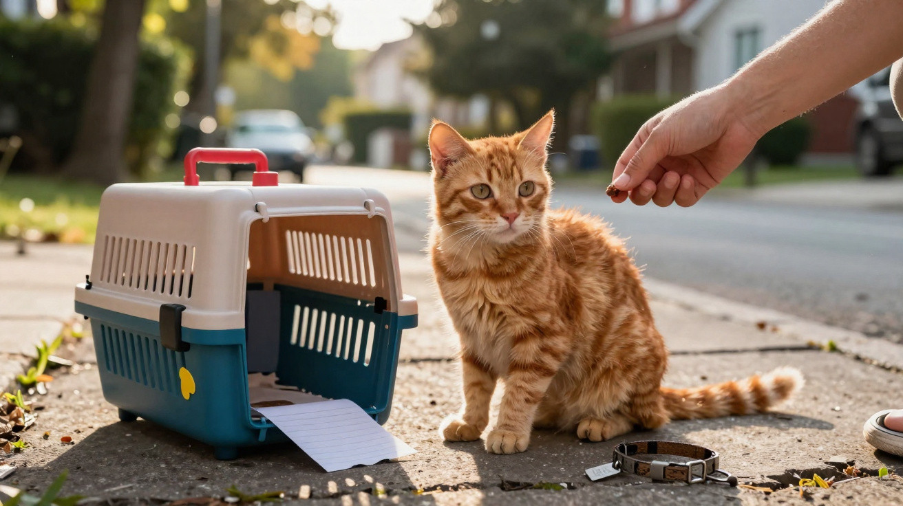 Gato ruivo sentado na calçada ao lado de transportadora aberta e mão a oferecer petisco.