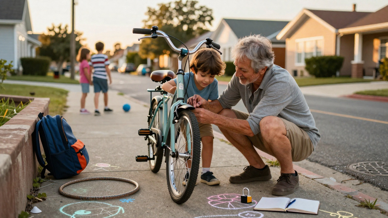 Homem idoso ajuda criança a ajustar bicicleta na calçada com desenhos de giz ao fundo.