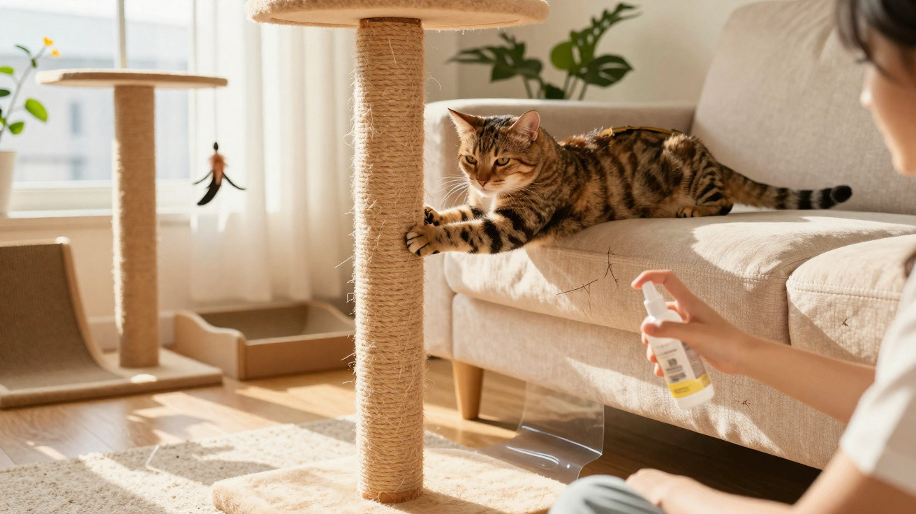 Gato a arranhar um poste de sisal enquanto pessoa pulveriza spray protetor num sofá em sala iluminada.