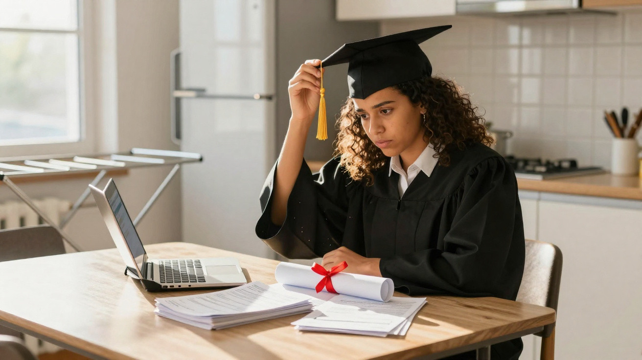 Jovem mulher com bata e chapéu de graduação sentada à mesa com diploma e portátil, estudando em casa.