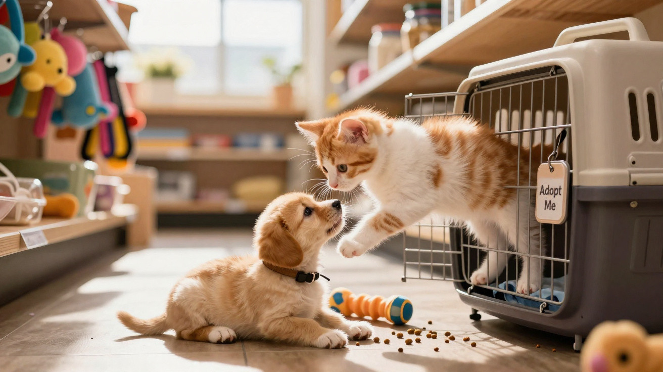 Gato branco e laranja sai de transportadora junto a cachorro bege num ambiente com brinquedos para animais.