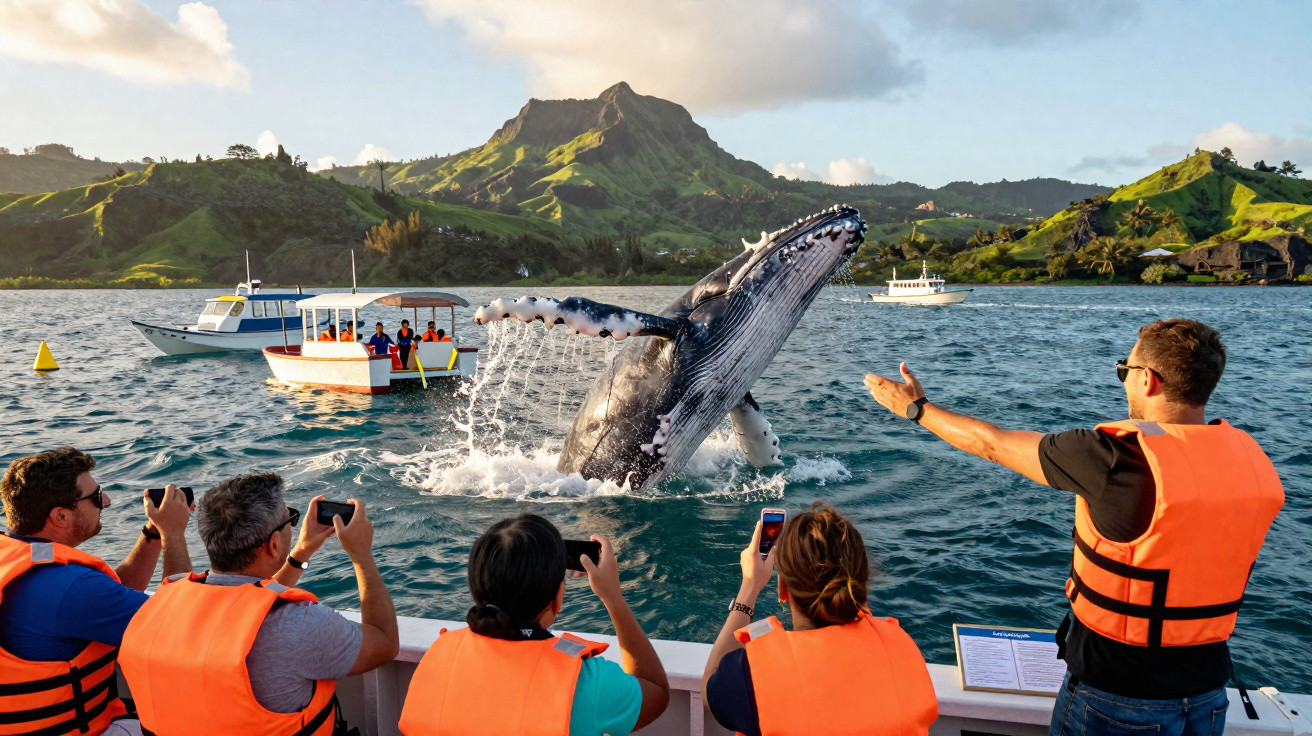 Turistas em coletes laranja observam e filmam baleia a saltar perto de barcos em paisagem verde com montanhas.