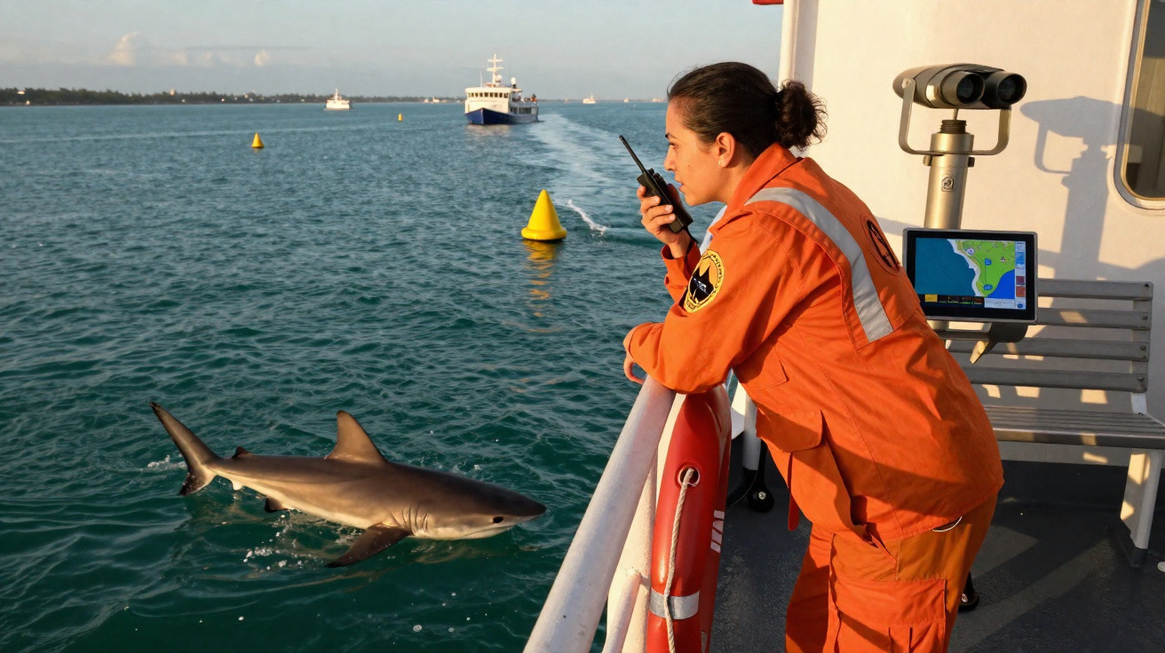 Pessoa em fato laranja comunica por rádio enquanto observa um tubarão perto de um barco no oceano.